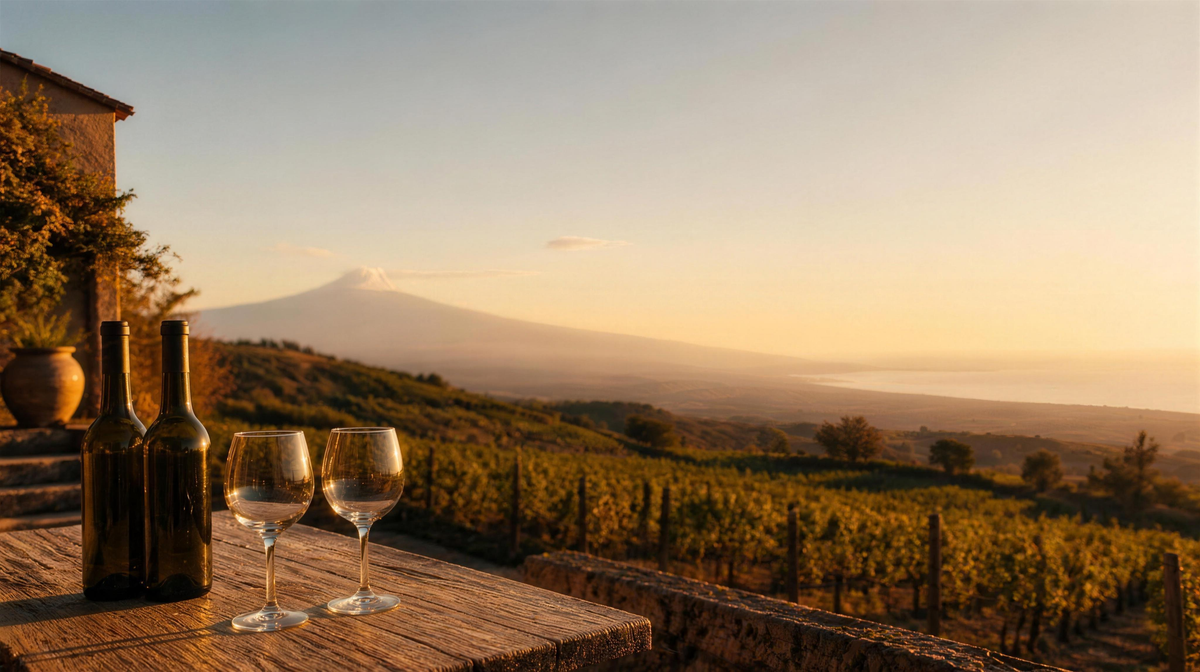 Terrazza siciliana al tramonto con vigneti e l'Etna sullo sfondo
